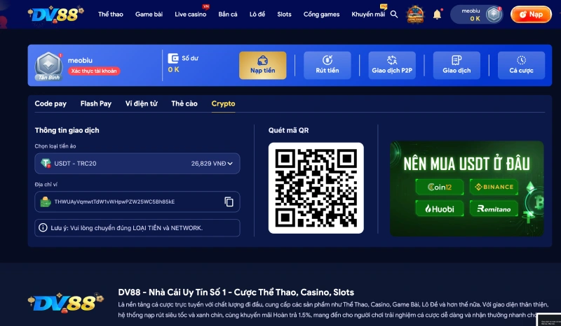 Các bước nạp tiền vào ví cược